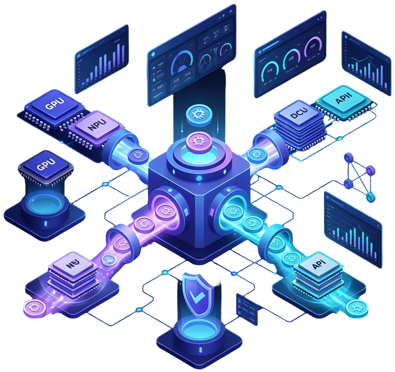 Illustration of an AI token factory converting GPU, NPU and DCU accelerators into streams of API tokens