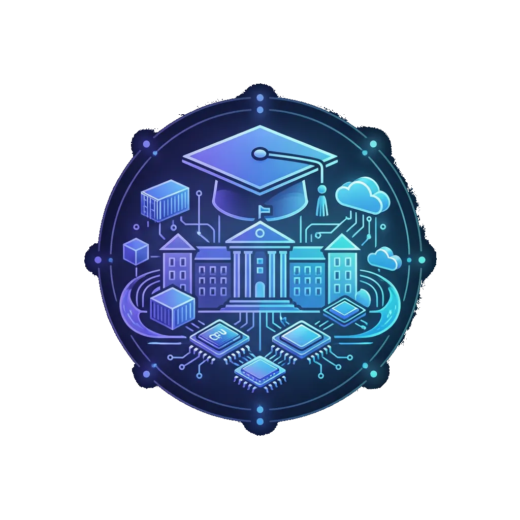 Glowing emblem of a graduation cap and campus building merged with cloud-native containers and GPU accelerator chips, encircled by a ring symbolizing an enterprise open cloud platform