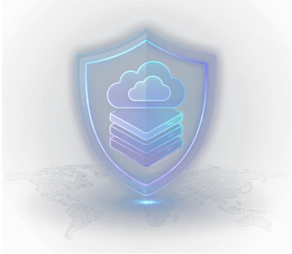 Illustration of a sovereign cloud platform: a glowing shield protecting stacked compute, storage and AI layers over a world map